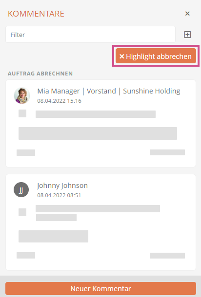 Kommentar-Highlight abbrechen